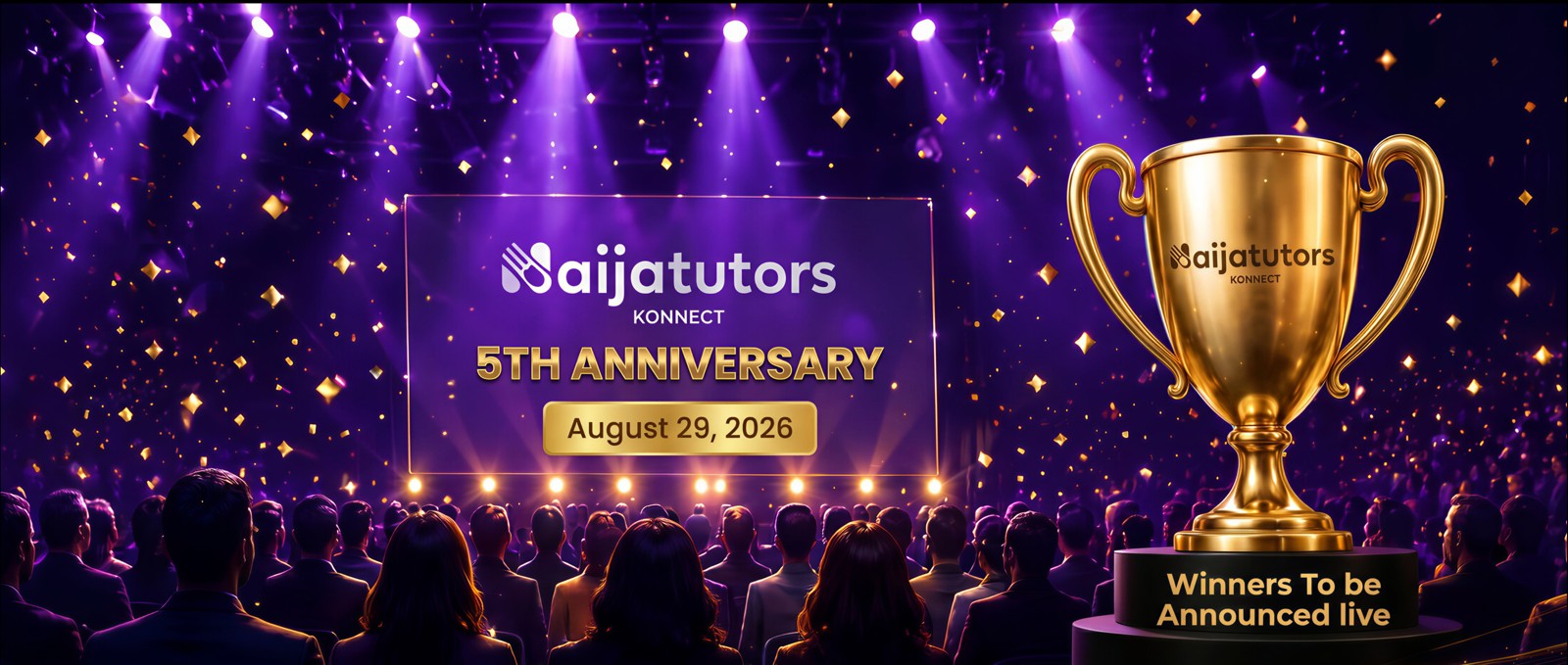 Naijatutors Konnect 5th anniversary celebration stage with trophy